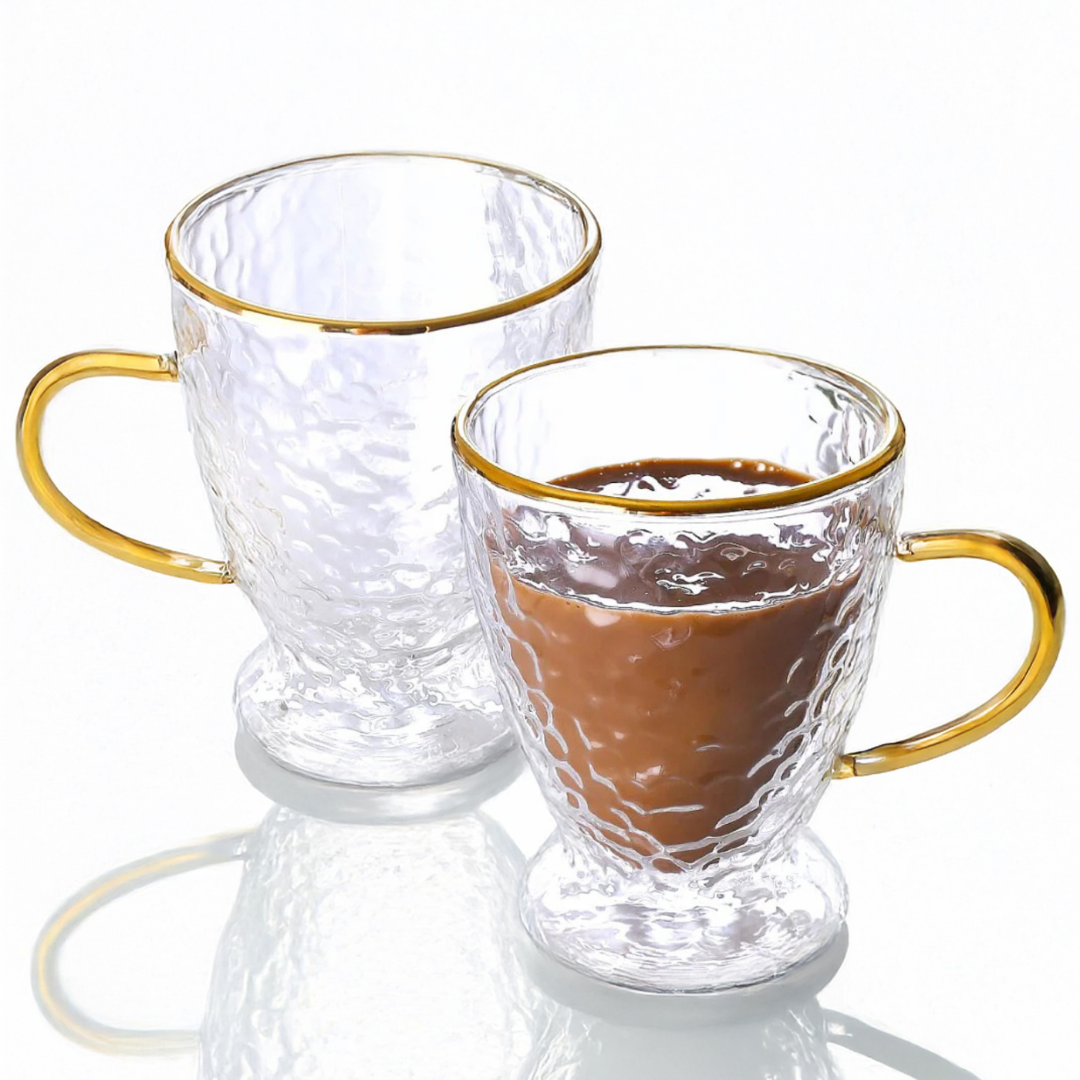 Hammered Double Wall Glass Coffee Cups - Luxury Insulated Mugs with Gold Handle