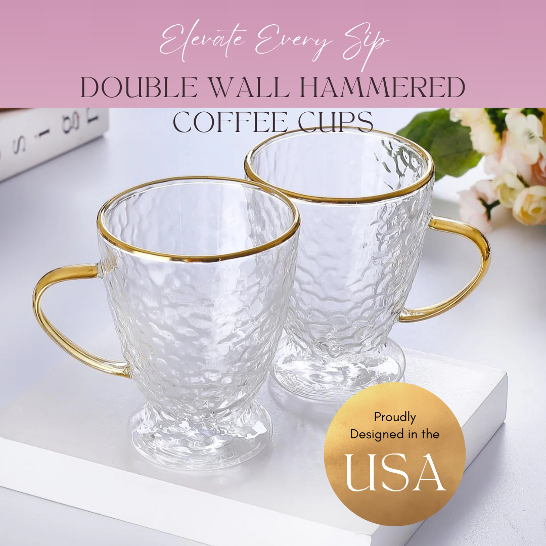 Hammered Double Wall Glass Coffee Cups - Luxury Insulated Mugs with Gold Handle