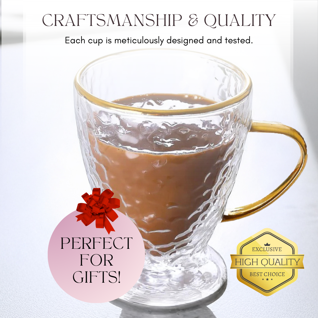 Hammered Double Wall Glass Coffee Cups - Luxury Insulated Mugs with Gold Handle