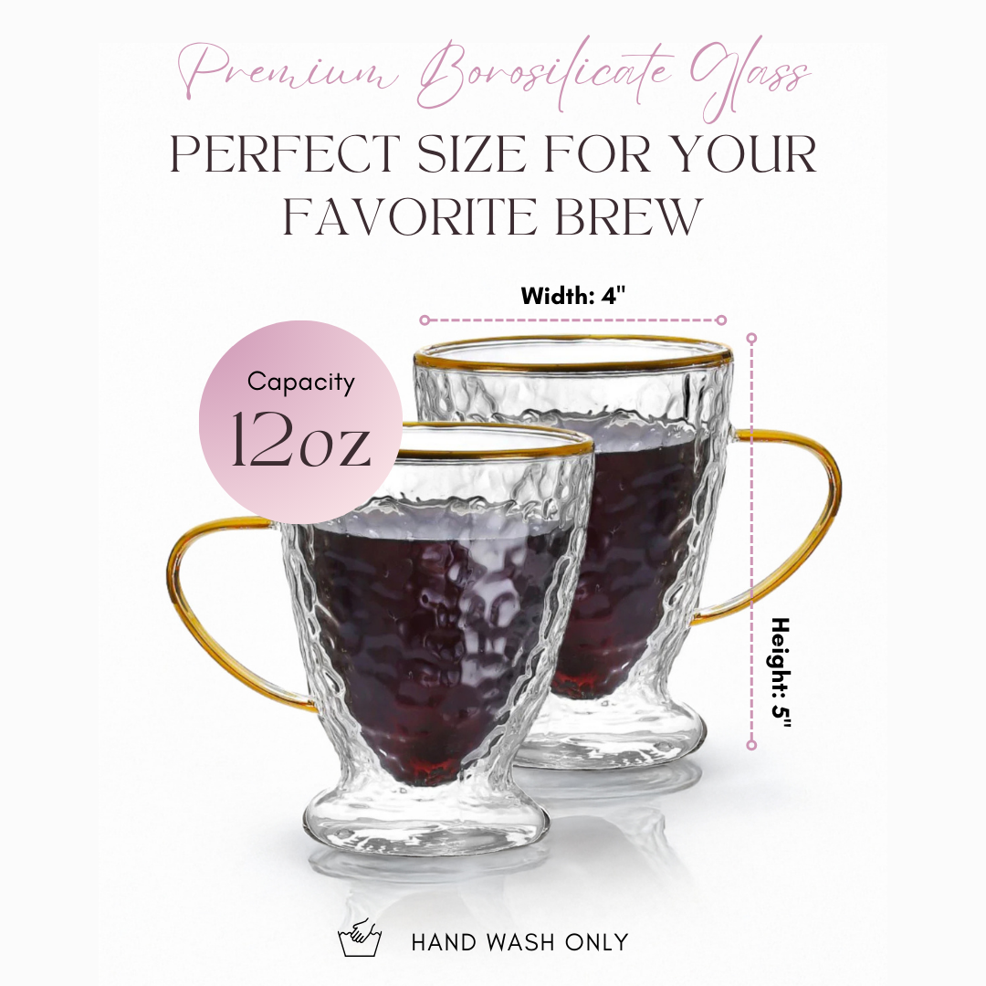 Hammered Double Wall Glass Coffee Cups - Luxury Insulated Mugs with Gold Handle