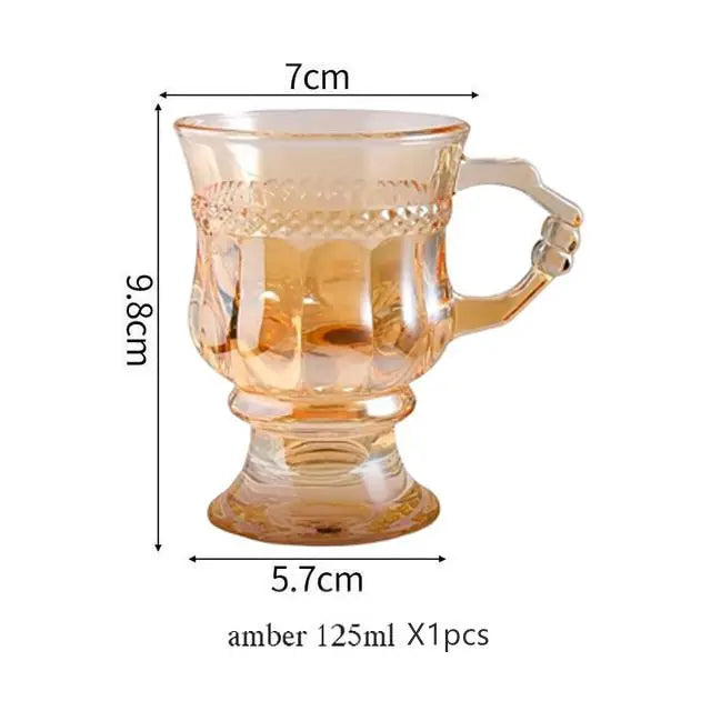 INS Vintage Embossed Glasse, Good-Looking, Girly Heart Water Cups, High-Legged Latte, Coffee Mug with Handle, Afternoon Tea Shot | Color:Amber-125ml