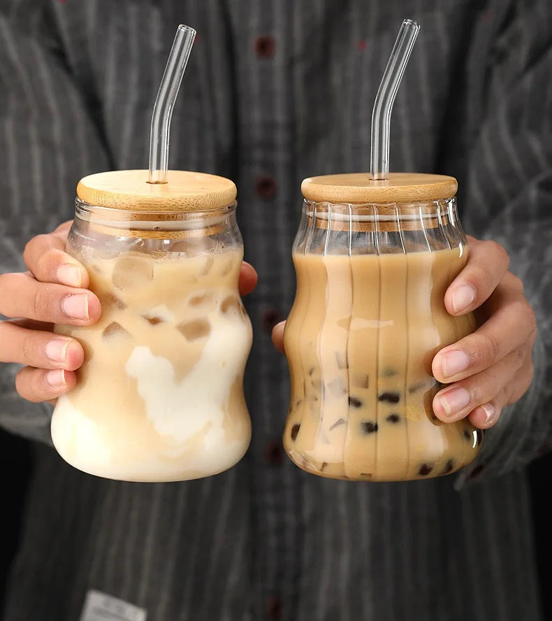 450ml Glass Cup With Lid and Straw Transparent Bubble Tea Cup Juice Glass Beer Can Milk Mocha Cups Breakfast Mug Drinkware | 0