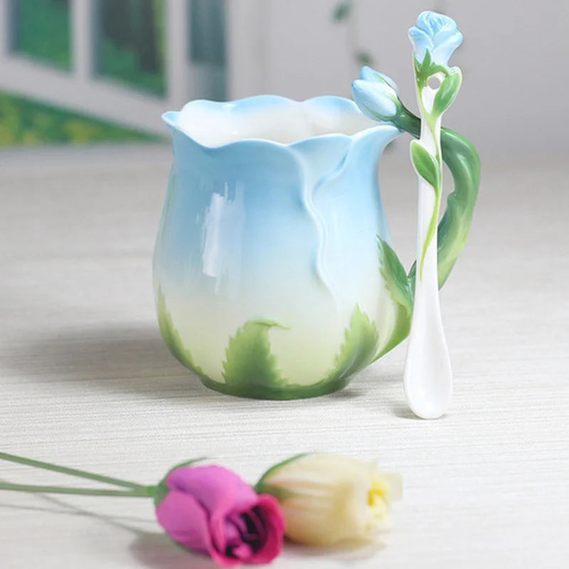 European Style Enamel Ceramic Coffee Mug Creative 3D Rose Flower Shape Lreative 4 Colors Household Breakfast Milk Cup with Spoon | Color:BLUE