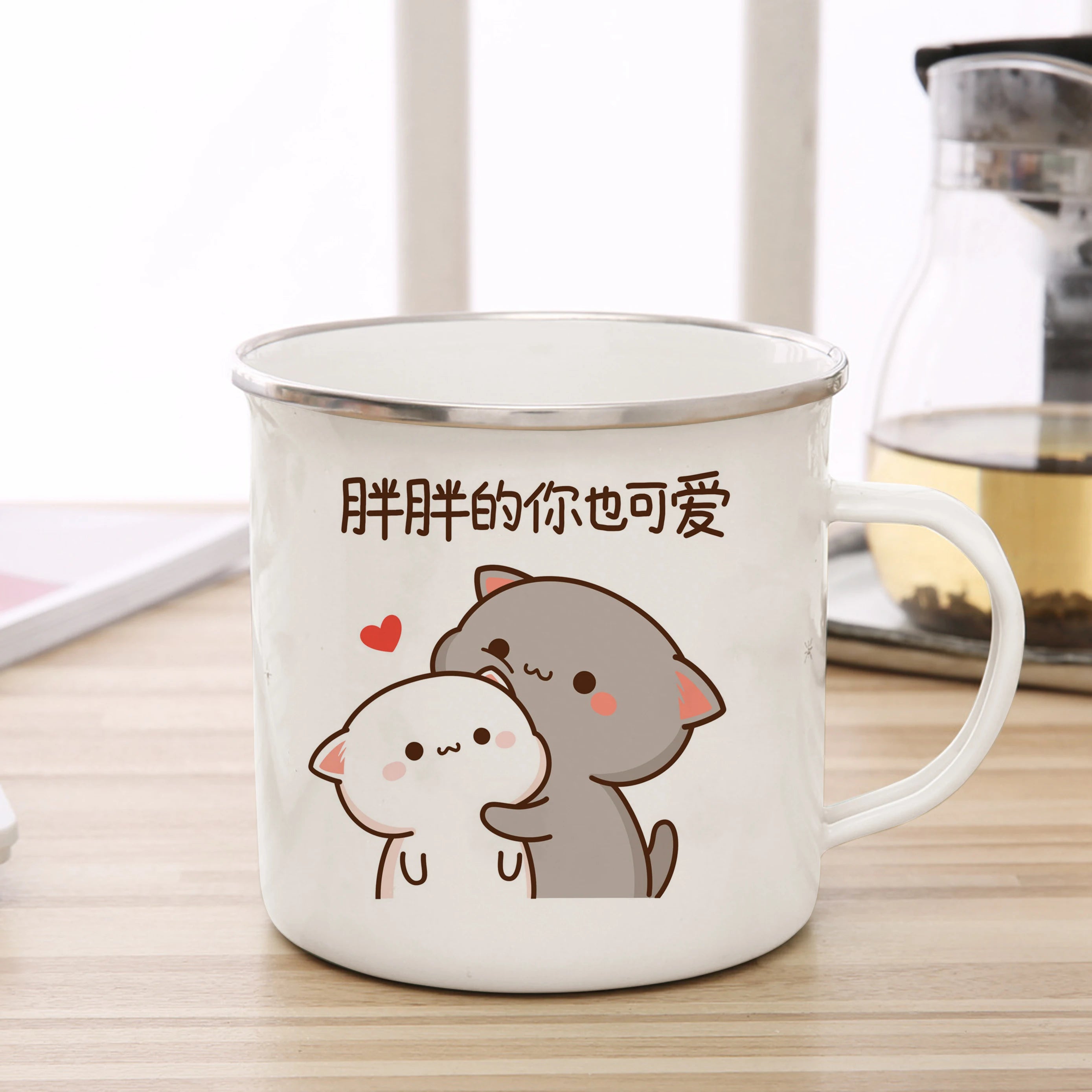 New Peach and Goma cat Enamel cup Coffee tea Mug cute animal Breakfast Dessert milk water cup couple gift | Color:28
