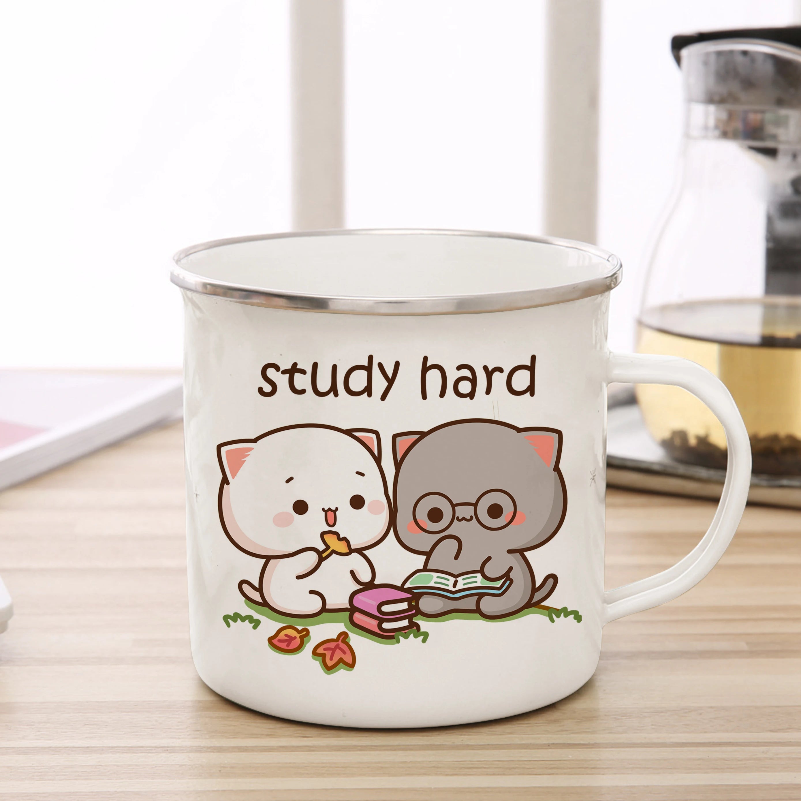 New Peach and Goma cat Enamel cup Coffee tea Mug cute animal Breakfast Dessert milk water cup couple gift | Color:2