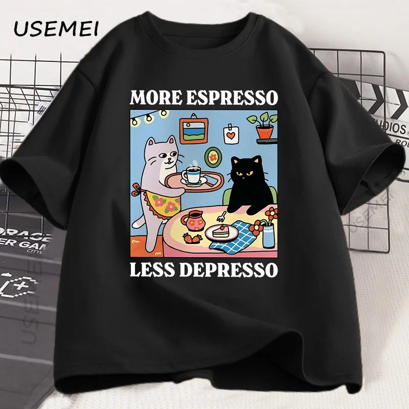 More Espresso Less Depresso Black Cat T-shirt Men Women Funny Coffee Cat T Shirt Casual Summer Cotton Short Sleeve Tshirt Tops | Color:black