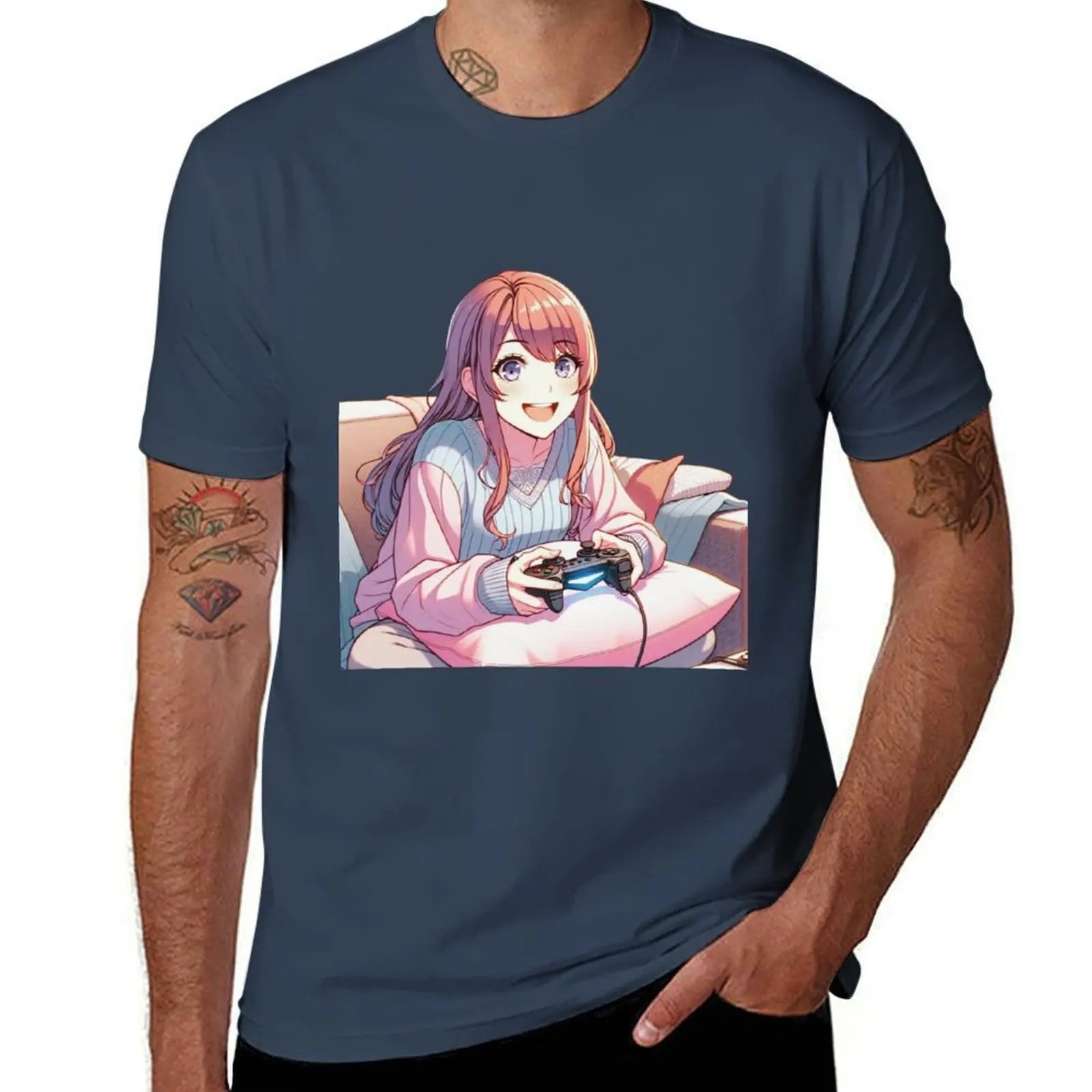 Cozy Gaming Anime Girl T-Shirt t shirt man designer man t shirt graphic man t shirt summer T-Shirt | Color:Navy