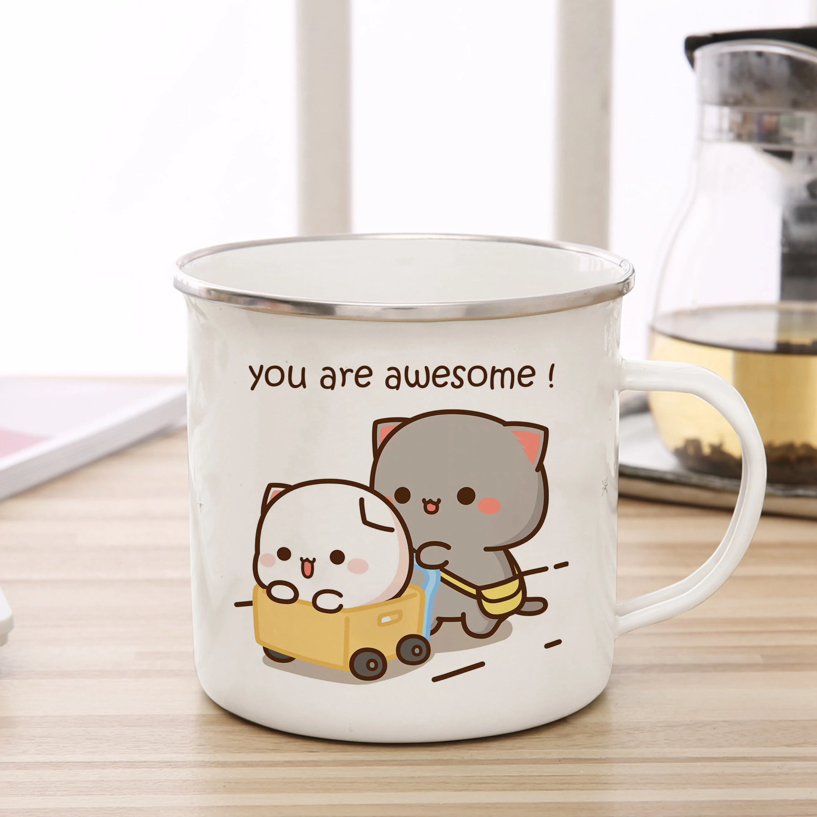 New Peach and Goma cat Enamel cup Coffee tea Mug cute animal Breakfast Dessert milk water cup couple gift | Color:7