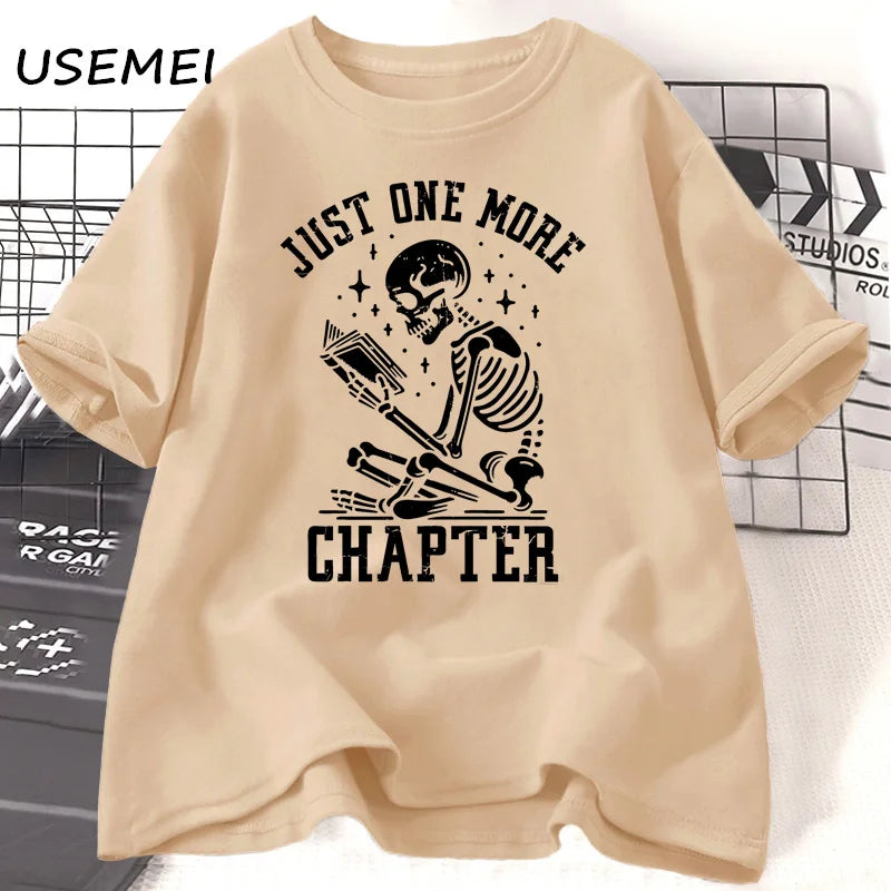Just One More Chapter T-Shirts Funny Skull Bookworm T Shirt Book Lover Reading Teacher Tshirt Women Men Cotton Short Sleeve Tees | Color:Khaki
