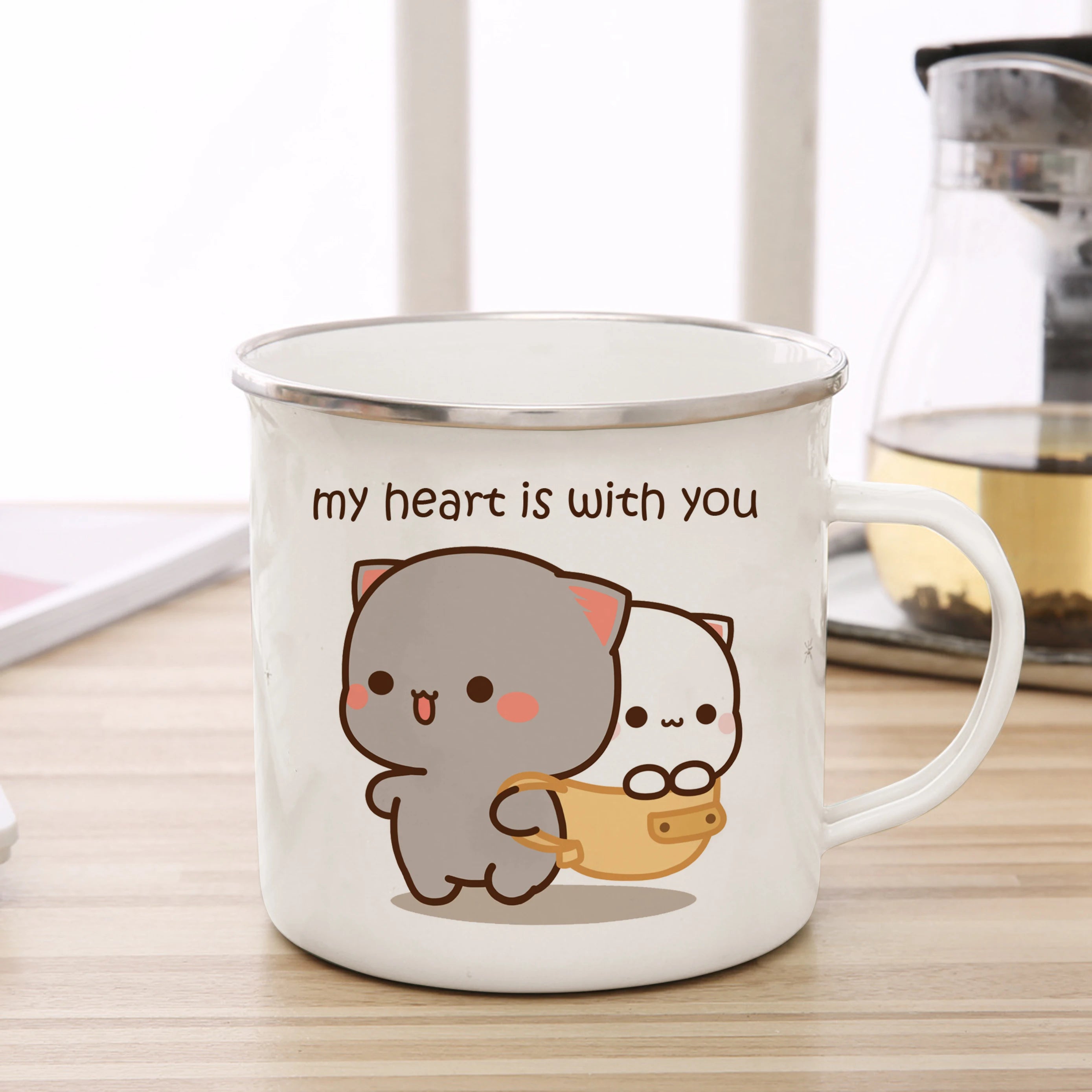 New Peach and Goma cat Enamel cup Coffee tea Mug cute animal Breakfast Dessert milk water cup couple gift | Color:9