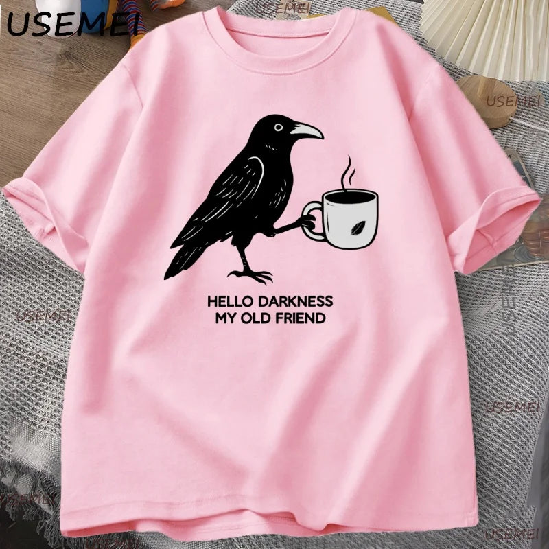 Vintage Crow Coffee T Shirt Halloween T-Shirt Fall Tee Women Men Cotton Tops Creative Crew Neck Tees Short Sleeve Loose TShirt | Color:Pink