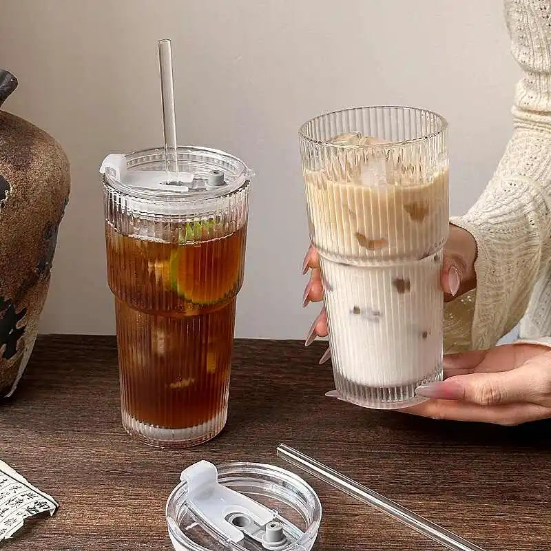 Large Capacity  Stripe Glass Coffee Cup With Lid Cover Straw Transparent Drinking Glasses For Juice Iced Coffee Mugs Drinkware | 3