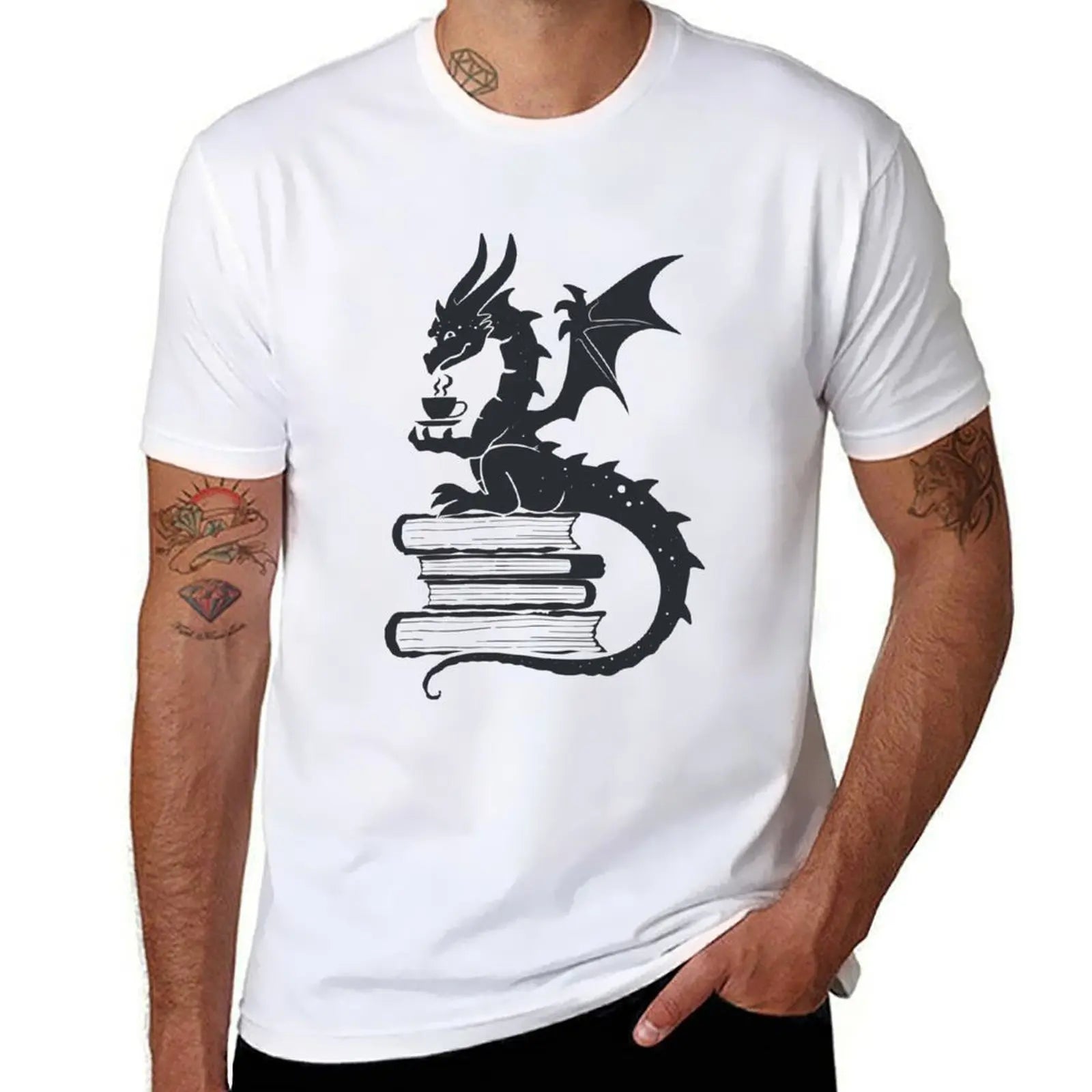 Cozy Dragon reading books and drinking hot tea T-Shirt t shirt men 100% cotton luxury brand funny t shirts dark humor T-shirt | 0