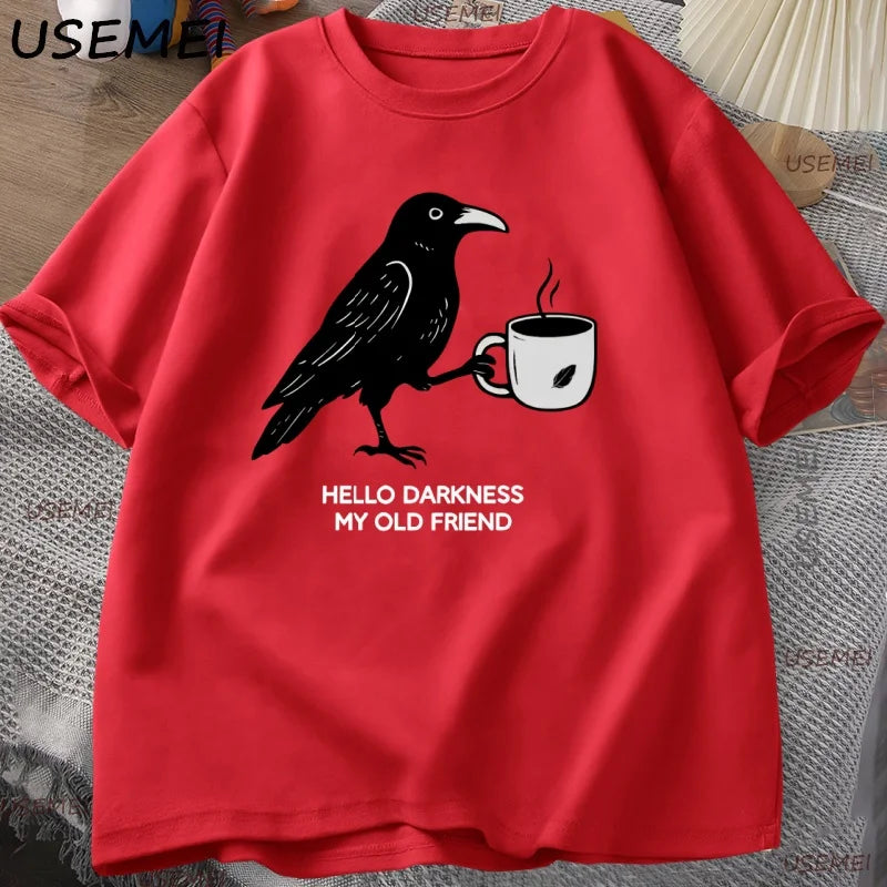 Vintage Crow Coffee T Shirt Halloween T-Shirt Fall Tee Women Men Cotton Tops Creative Crew Neck Tees Short Sleeve Loose TShirt | Color:Red