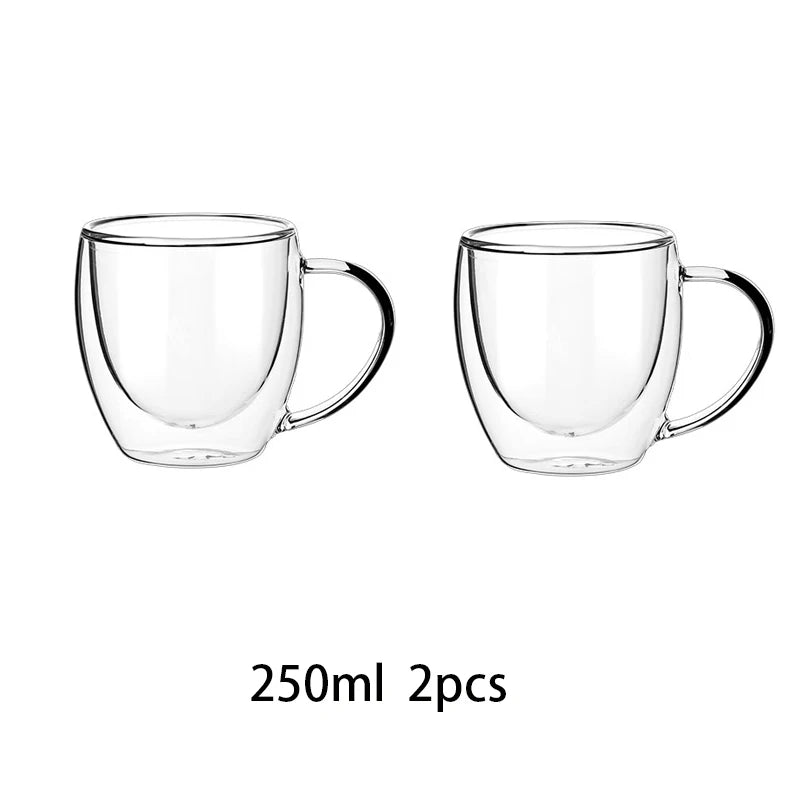 250/350/450ml Double Wall Glass Coffee Mugs Set Insulated Coffeetea Cup With Handle Borosilicate Glass Juice Milk Cup 2pcs | Color:250ml