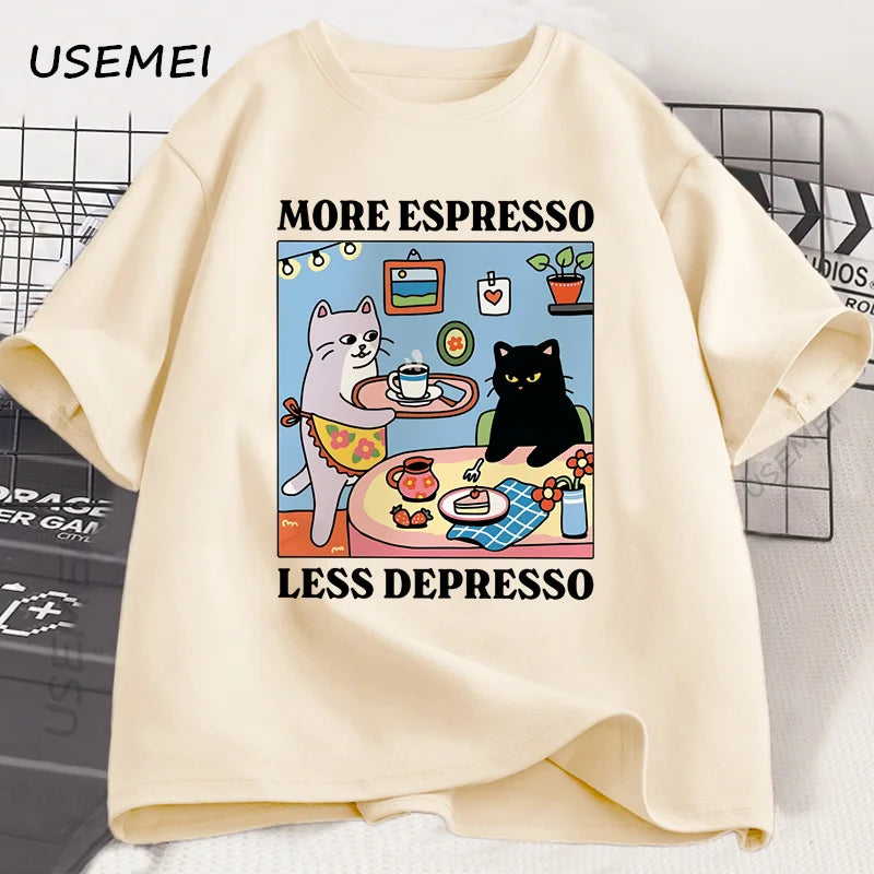 More Espresso Less Depresso Black Cat T-shirt Men Women Funny Coffee Cat T Shirt Casual Summer Cotton Short Sleeve Tshirt Tops | Color:Khaki