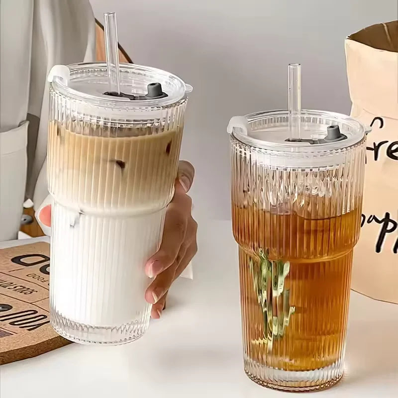 Large Capacity  Stripe Glass Coffee Cup With Lid Cover Straw Transparent Drinking Glasses For Juice Iced Coffee Mugs Drinkware | 0