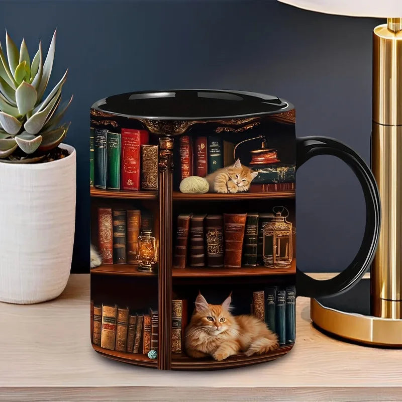 Creative Bookshelf Printed Mug Cat Design Book Mug Book Club Cup Reusable Ceramic Coffee Cup Water Cup Drinking Utensils | 1