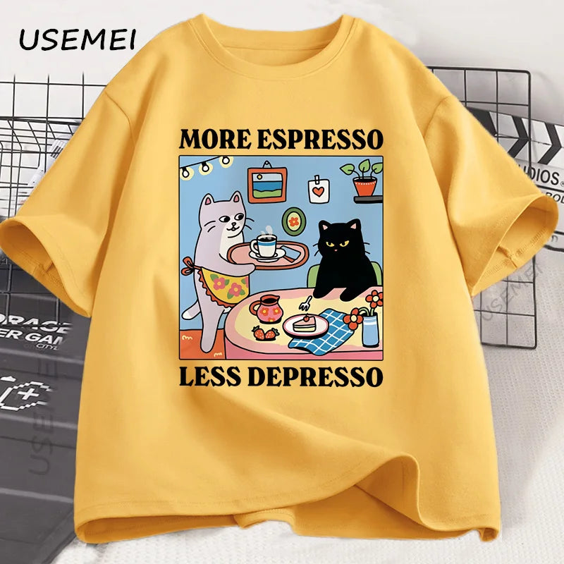More Espresso Less Depresso Black Cat T-shirt Men Women Funny Coffee Cat T Shirt Casual Summer Cotton Short Sleeve Tshirt Tops | Color:Yellow