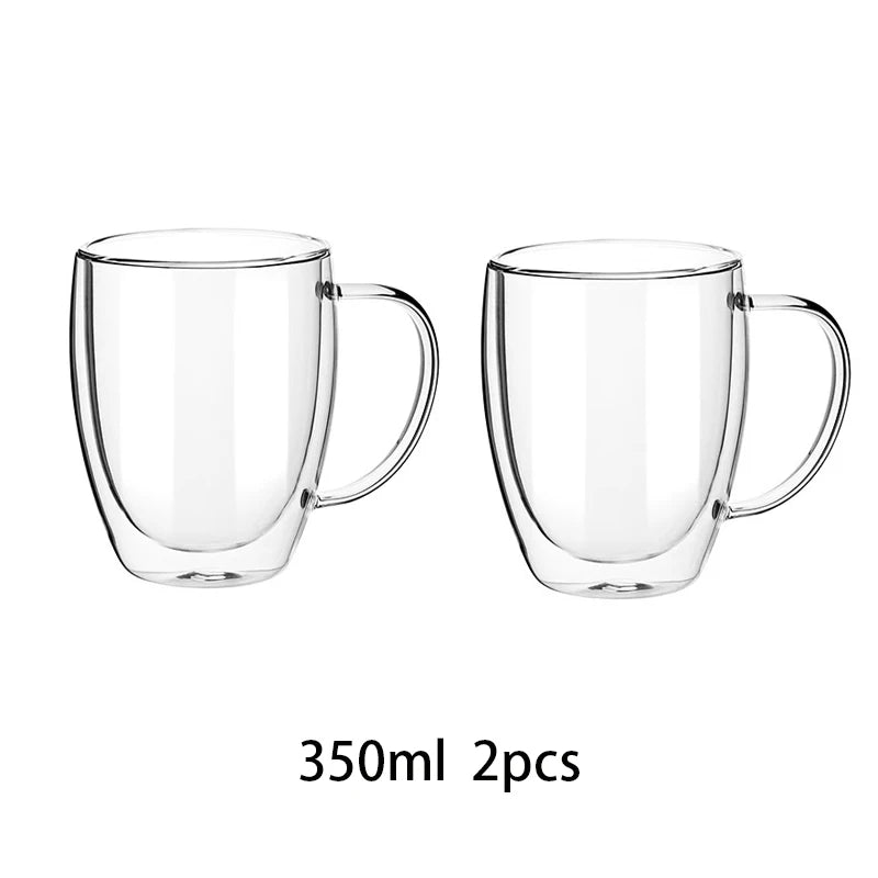 250/350/450ml Double Wall Glass Coffee Mugs Set Insulated Coffeetea Cup With Handle Borosilicate Glass Juice Milk Cup 2pcs | Color:350ml