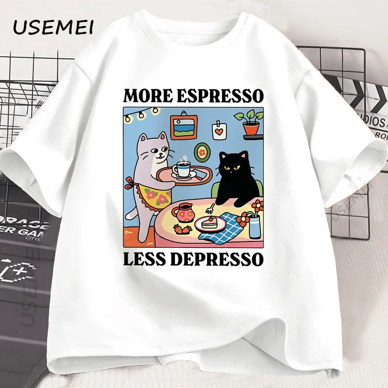 More Espresso Less Depresso Black Cat T-shirt Men Women Funny Coffee Cat T Shirt Casual Summer Cotton Short Sleeve Tshirt Tops | 0