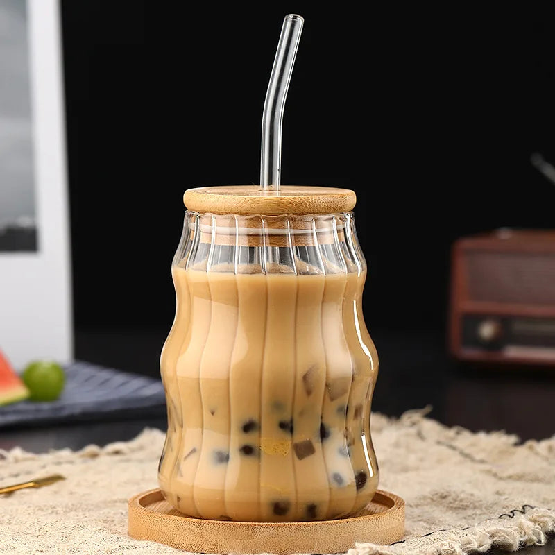 450ml Glass Cup With Lid and Straw Transparent Bubble Tea Cup Juice Glass Beer Can Milk Mocha Cups Breakfast Mug Drinkware | Color:B