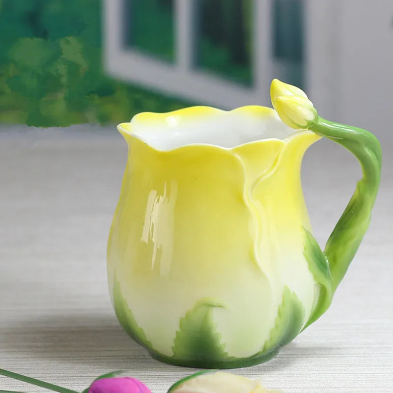 European Style Enamel Ceramic Coffee Mug Creative 3D Rose Flower Shape Lreative 4 Colors Household Breakfast Milk Cup with Spoon | 2