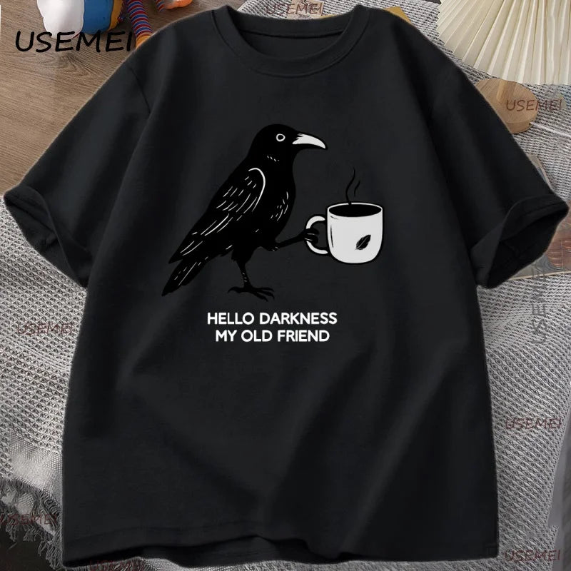 Vintage Crow Coffee T Shirt Halloween T-Shirt Fall Tee Women Men Cotton Tops Creative Crew Neck Tees Short Sleeve Loose TShirt | Color:black