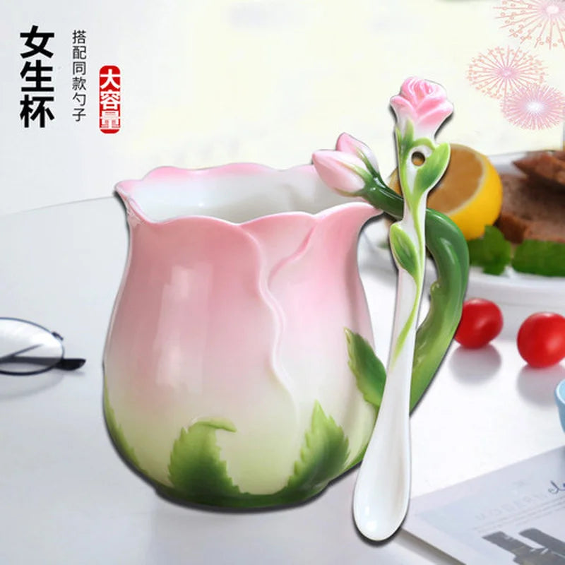 European Style Enamel Ceramic Coffee Mug Creative 3D Rose Flower Shape Lreative 4 Colors Household Breakfast Milk Cup with Spoon | Color:PINK