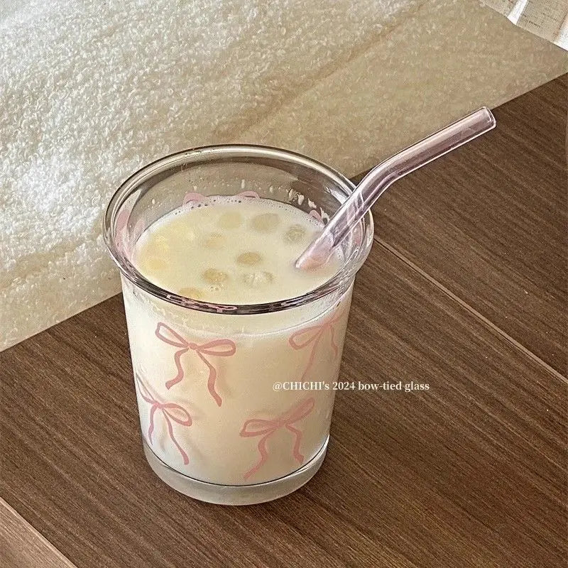 Bowknot Glass Cup Heat Resistant Straw Mug Cold Hot Coffee Juice Wine Milk Drinking Glasses Ice Cream Dessert Cup Tumbler Gift | 2