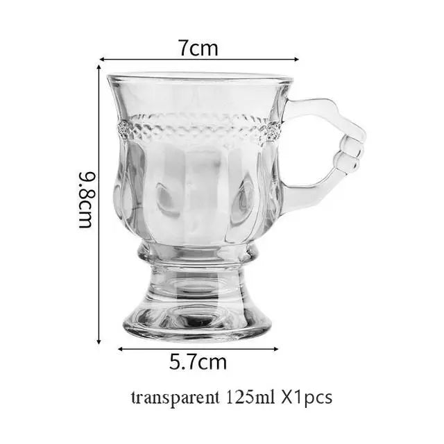 INS Vintage Embossed Glasse, Good-Looking, Girly Heart Water Cups, High-Legged Latte, Coffee Mug with Handle, Afternoon Tea Shot | Color:Transparent-125ml