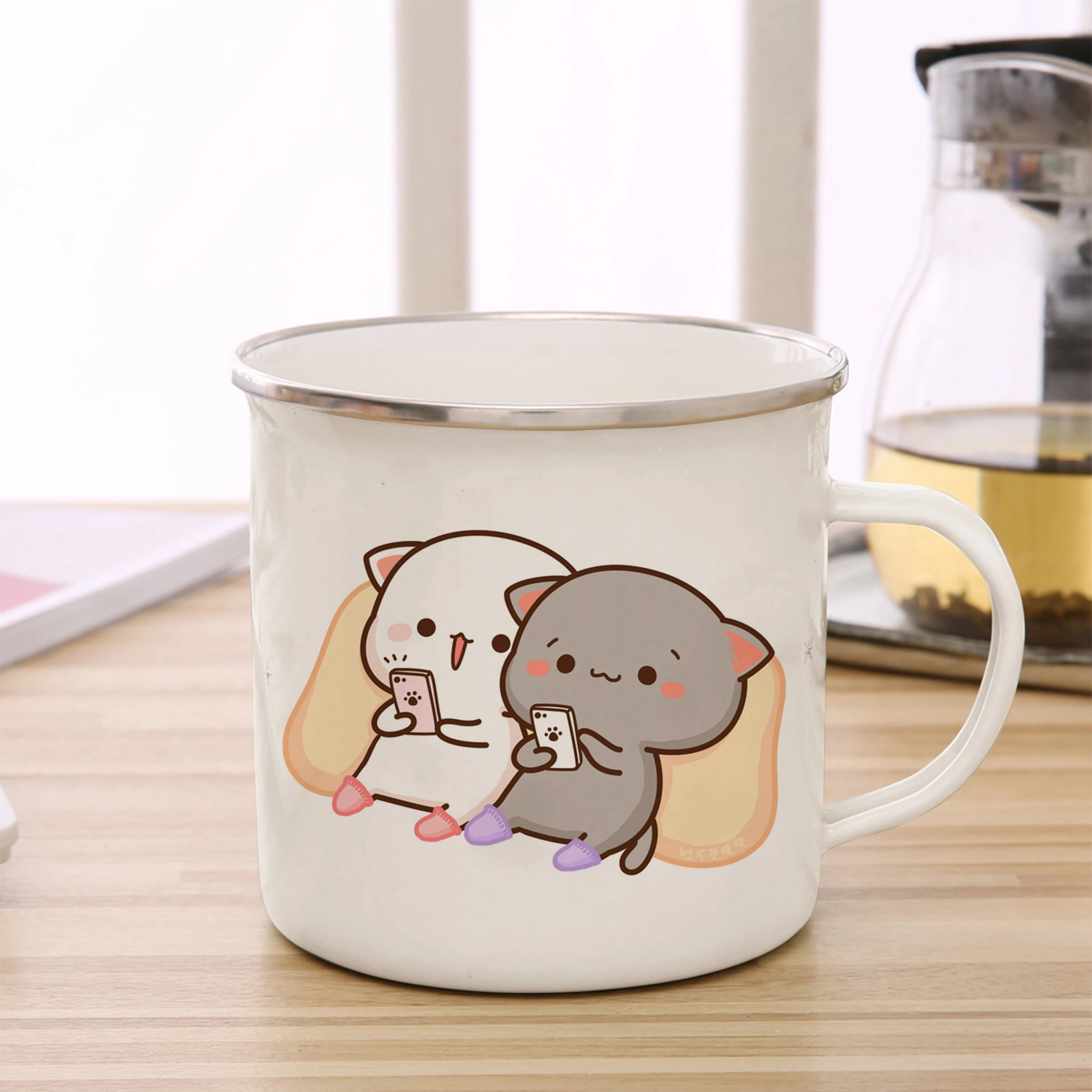 New Peach and Goma cat Enamel cup Coffee tea Mug cute animal Breakfast Dessert milk water cup couple gift | Color:25