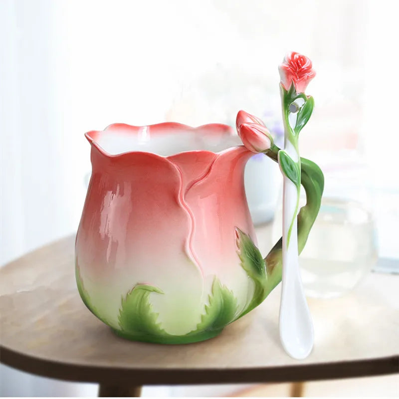 European Style Enamel Ceramic Coffee Mug Creative 3D Rose Flower Shape Lreative 4 Colors Household Breakfast Milk Cup with Spoon | 0