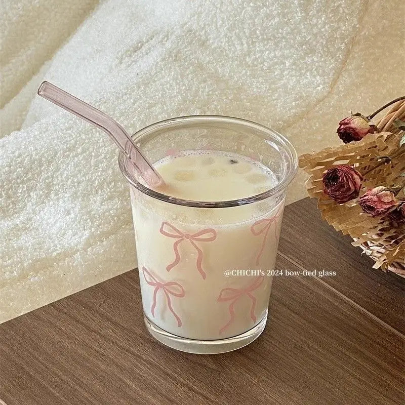 Bowknot Glass Cup Heat Resistant Straw Mug Cold Hot Coffee Juice Wine Milk Drinking Glasses Ice Cream Dessert Cup Tumbler Gift | 3