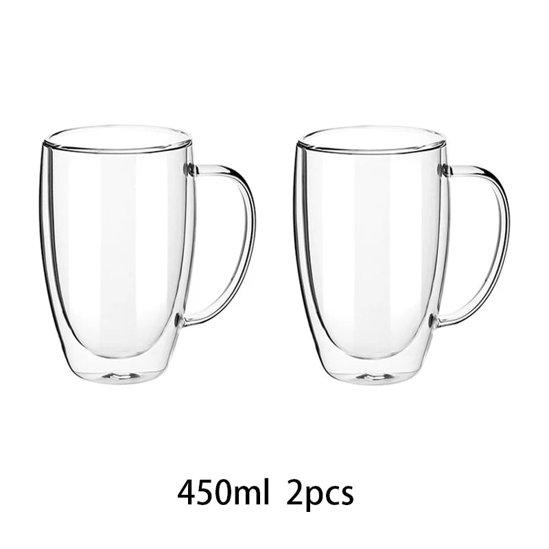 250/350/450ml Double Wall Glass Coffee Mugs Set Insulated Coffeetea Cup With Handle Borosilicate Glass Juice Milk Cup 2pcs | Color:450ml