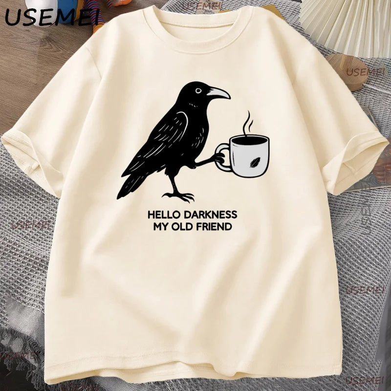 Vintage Crow Coffee T Shirt Halloween T-Shirt Fall Tee Women Men Cotton Tops Creative Crew Neck Tees Short Sleeve Loose TShirt | Color:Khaki