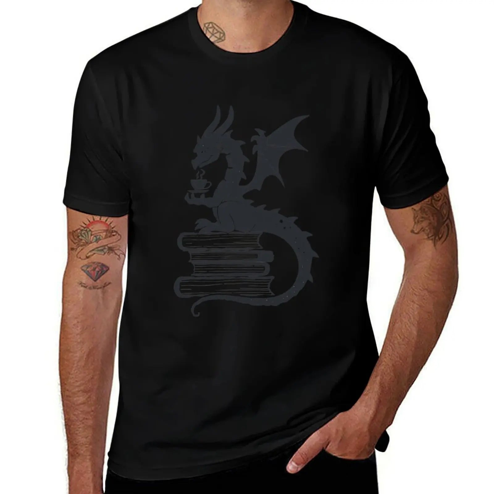Cozy Dragon reading books and drinking hot tea T-Shirt t shirt men 100% cotton luxury brand funny t shirts dark humor T-shirt | Color:Black