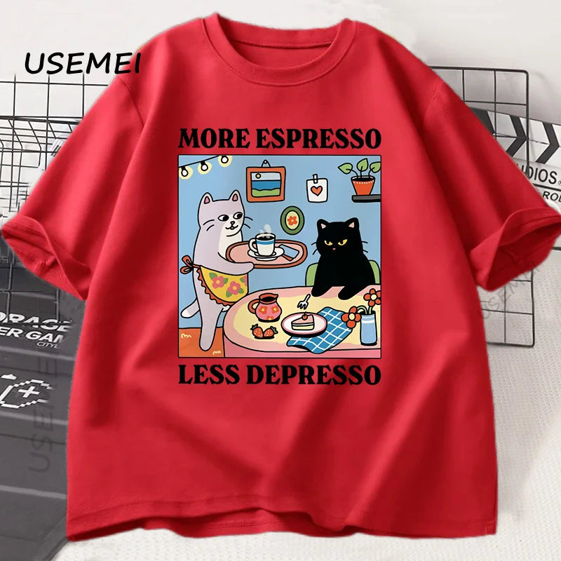 More Espresso Less Depresso Black Cat T-shirt Men Women Funny Coffee Cat T Shirt Casual Summer Cotton Short Sleeve Tshirt Tops | Color:Red