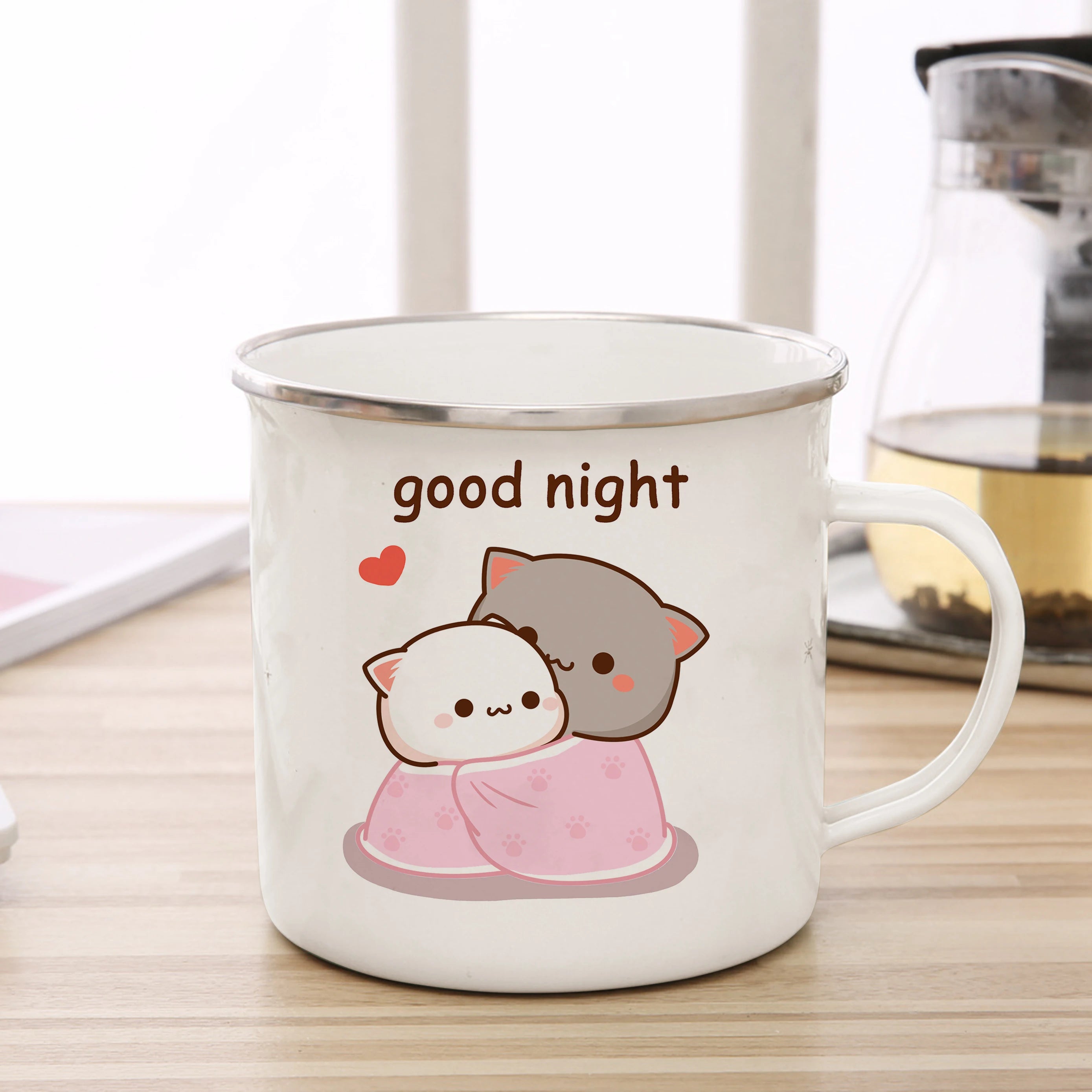 New Peach and Goma cat Enamel cup Coffee tea Mug cute animal Breakfast Dessert milk water cup couple gift | Color:300