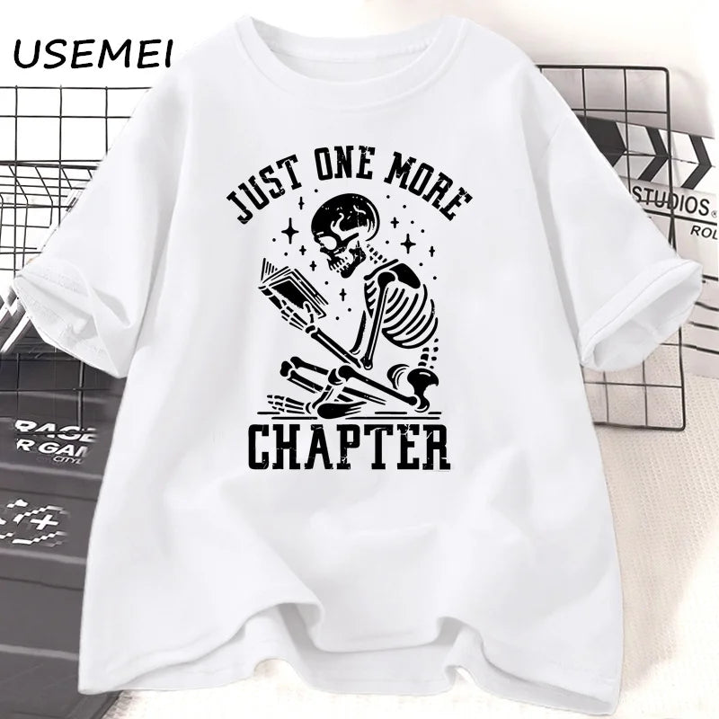 Just One More Chapter T-Shirts Funny Skull Bookworm T Shirt Book Lover Reading Teacher Tshirt Women Men Cotton Short Sleeve Tees | Color:WHITE