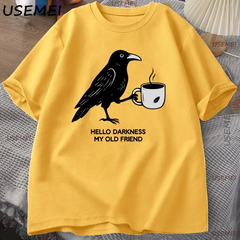 Vintage Crow Coffee T Shirt Halloween T-Shirt Fall Tee Women Men Cotton Tops Creative Crew Neck Tees Short Sleeve Loose TShirt | Color:Yellow