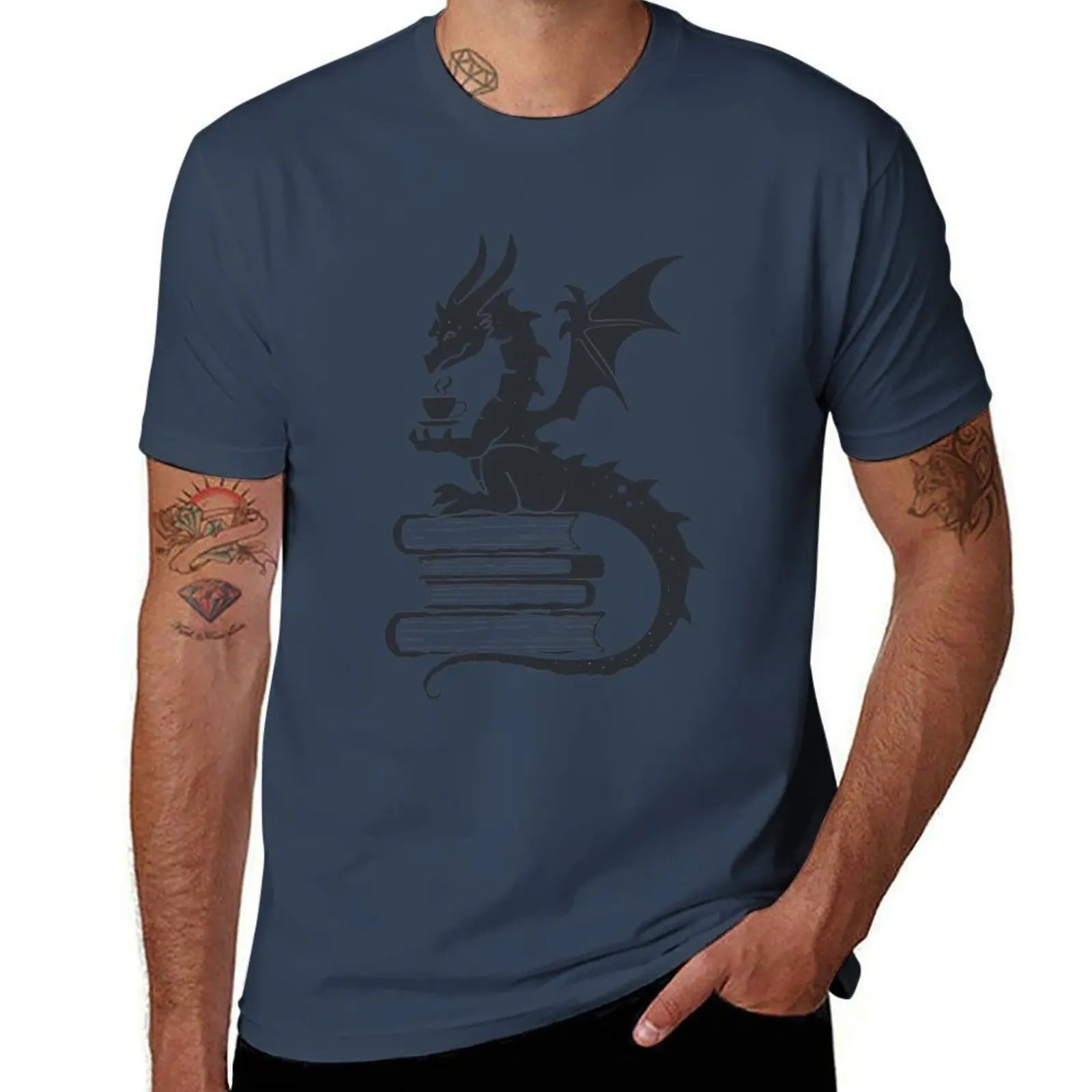 Cozy Dragon reading books and drinking hot tea T-Shirt t shirt men 100% cotton luxury brand funny t shirts dark humor T-shirt | Color:Navy