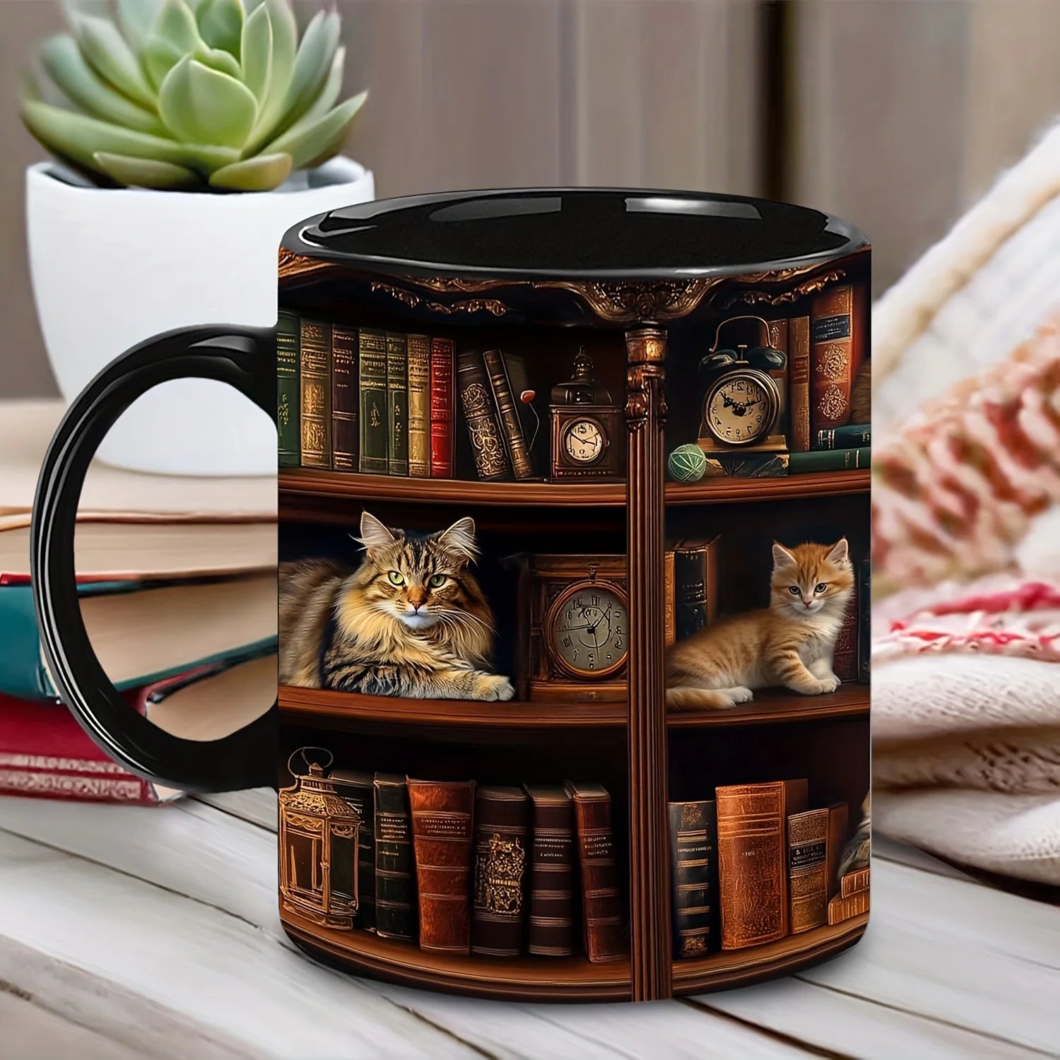 Creative Bookshelf Printed Mug Cat Design Book Mug Book Club Cup Reusable Ceramic Coffee Cup Water Cup Drinking Utensils | Color:A