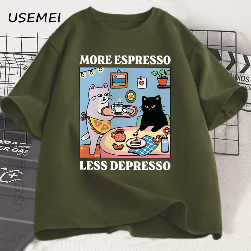 More Espresso Less Depresso Black Cat T-shirt Men Women Funny Coffee Cat T Shirt Casual Summer Cotton Short Sleeve Tshirt Tops | Color:army green