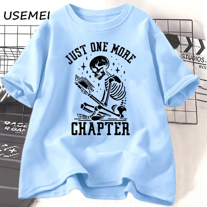 Just One More Chapter T-Shirts Funny Skull Bookworm T Shirt Book Lover Reading Teacher Tshirt Women Men Cotton Short Sleeve Tees | Color:SKY BLUE