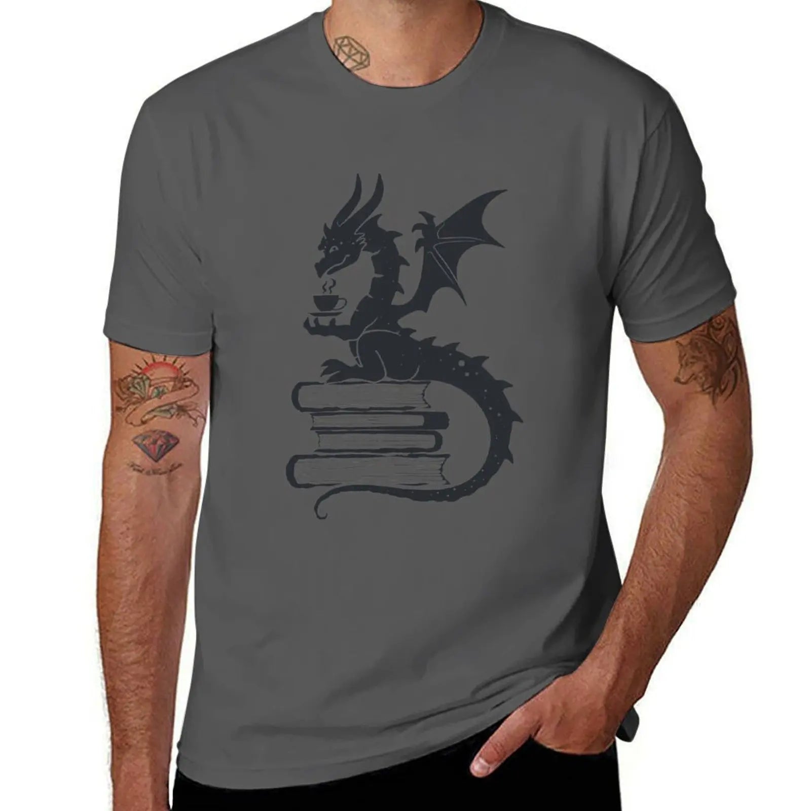 Cozy Dragon reading books and drinking hot tea T-Shirt t shirt men 100% cotton luxury brand funny t shirts dark humor T-shirt | Color:Dark Gray