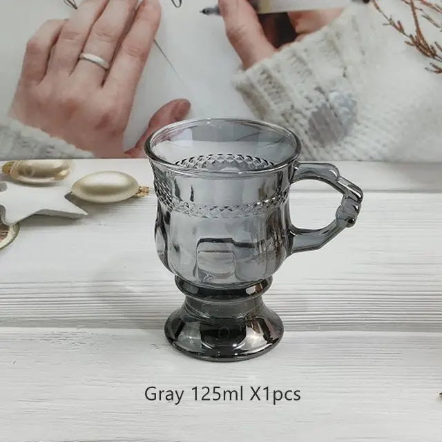 INS Vintage Embossed Glasse, Good-Looking, Girly Heart Water Cups, High-Legged Latte, Coffee Mug with Handle, Afternoon Tea Shot | Color:grey-125ml