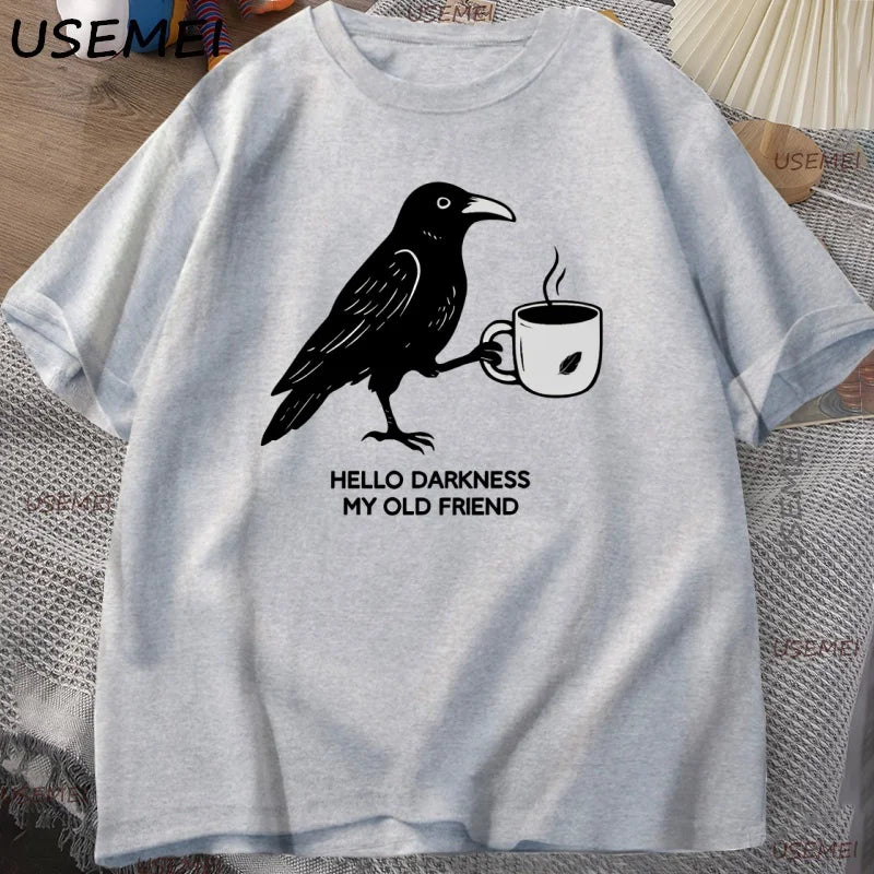 Vintage Crow Coffee T Shirt Halloween T-Shirt Fall Tee Women Men Cotton Tops Creative Crew Neck Tees Short Sleeve Loose TShirt | Color:GRAY