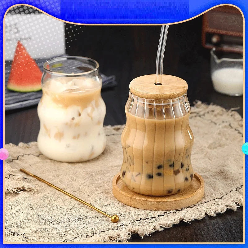 450ml Glass Cup With Lid and Straw Transparent Bubble Tea Cup Juice Glass Beer Can Milk Mocha Cups Breakfast Mug Drinkware | 2