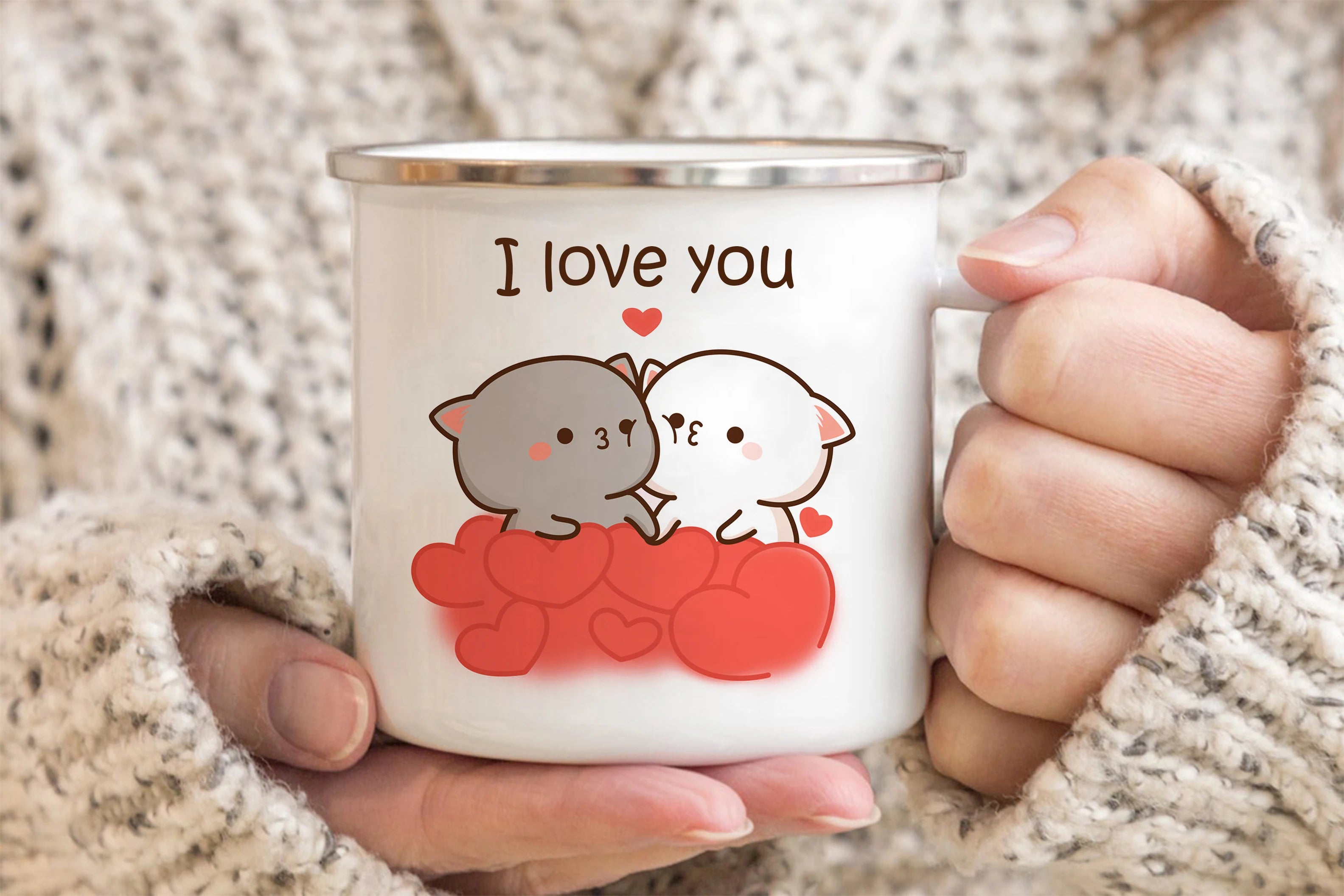 New Peach and Goma cat Enamel cup Coffee tea Mug cute animal Breakfast Dessert milk water cup couple gift | Color:19